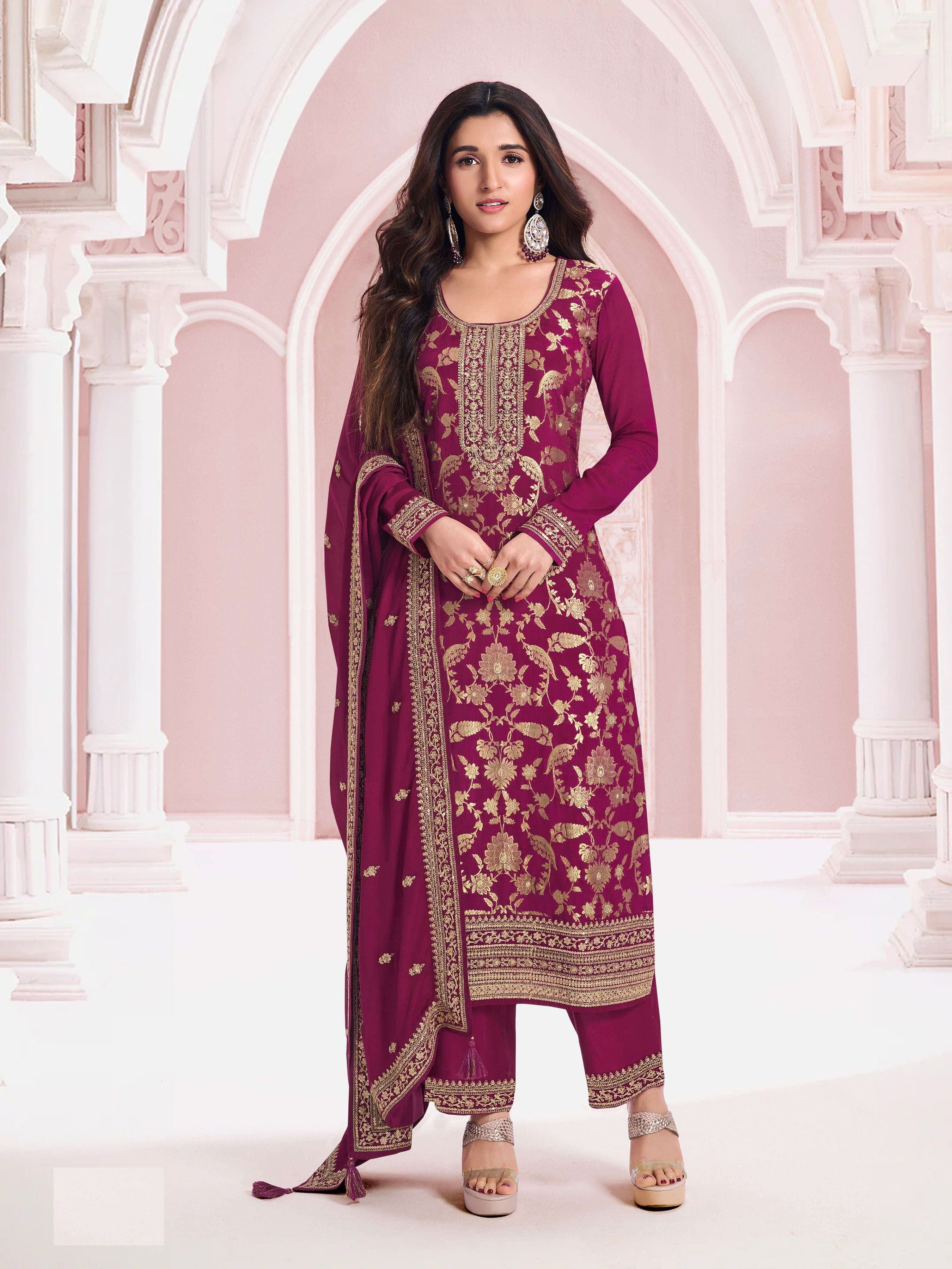 Aastha Wine Dupatta with Jacquard Viscose top fabric santoon Bottom fabric