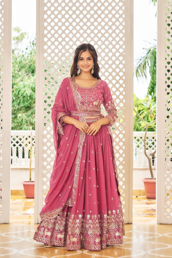 Aastha fashion pink Heavy Fox Georgette lehanga blouse fabric Embroidery 7mm Sequence Work with Belt