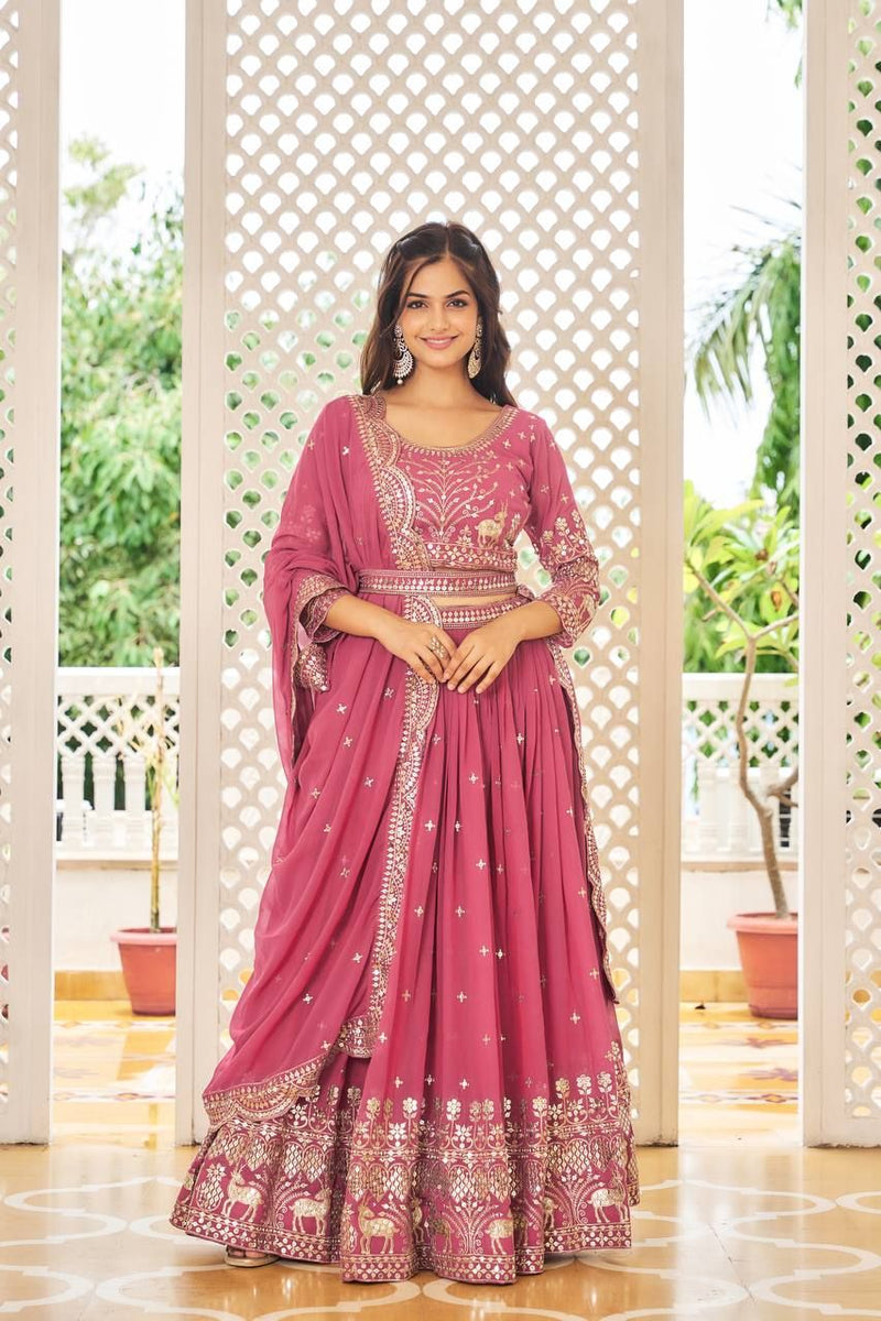Aastha fashion pink Heavy Fox Georgette lehanga blouse fabric Embroidery 7mm Sequence Work with Belt
