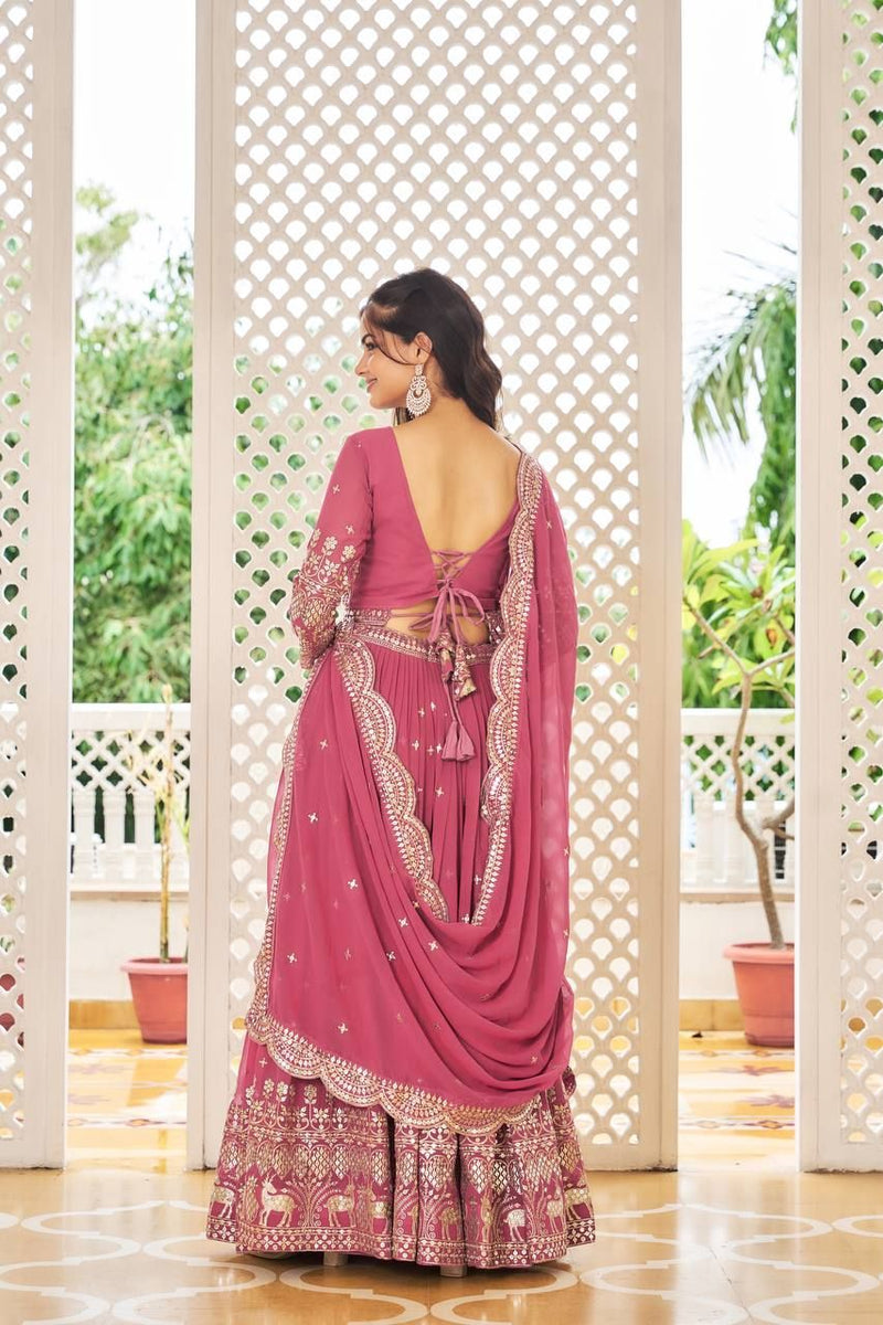 Aastha fashion pink Heavy Fox Georgette lehanga blouse fabric Embroidery 7mm Sequence Work with Belt