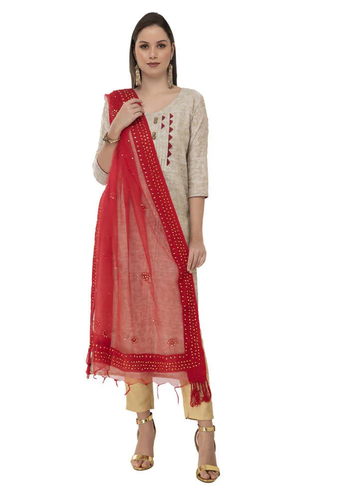 Mominos Fashion Red Orgenza Nug Embroidery Dupatta