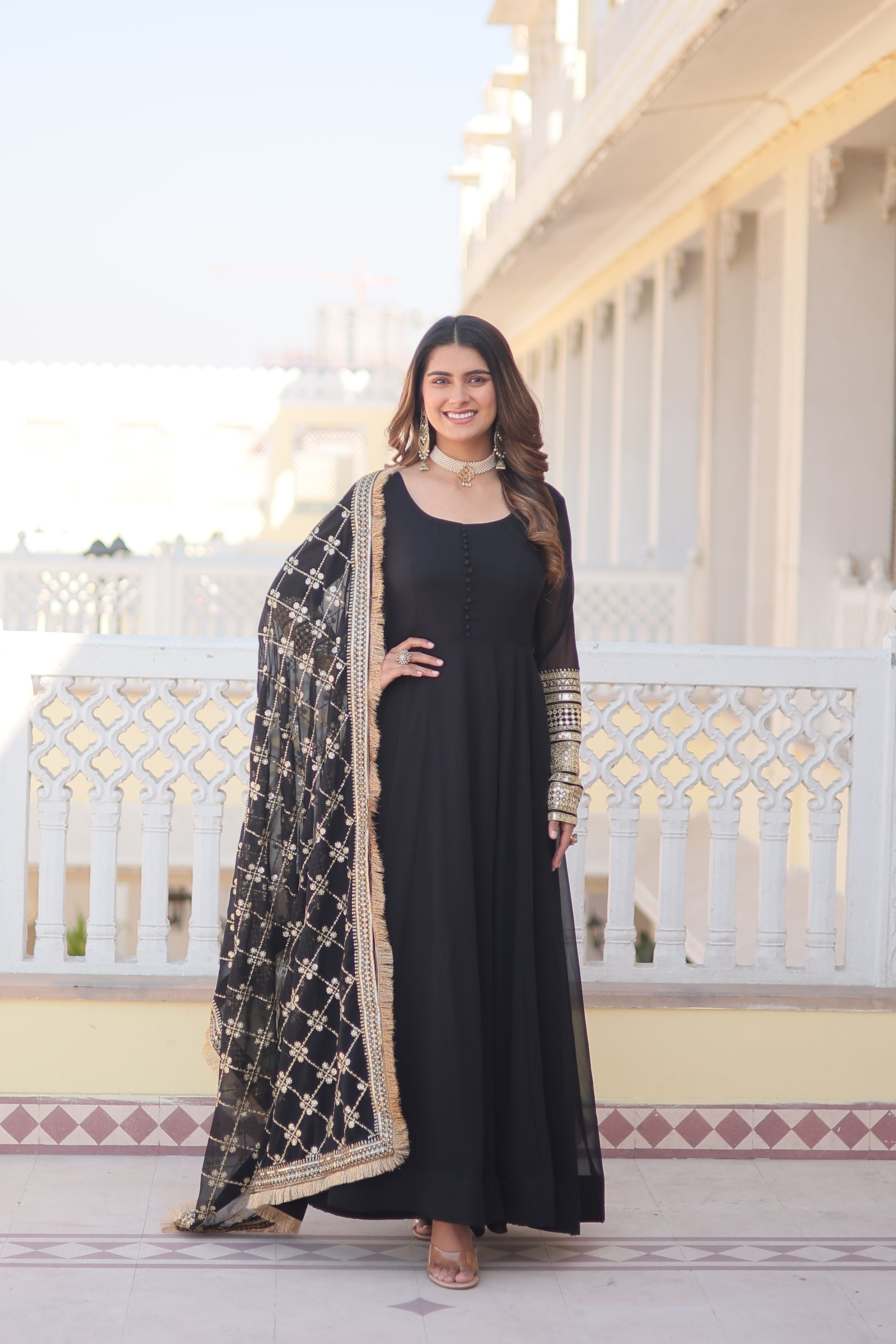 Aastha Off Black Faux Blooming with Gown Embroidered Multi-Sequins work