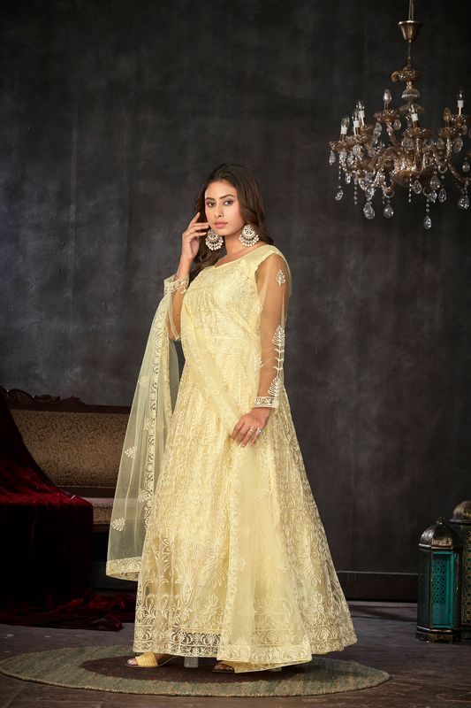 Aastha light yellow with Net top fabric Santoon Net Bottom fabric
