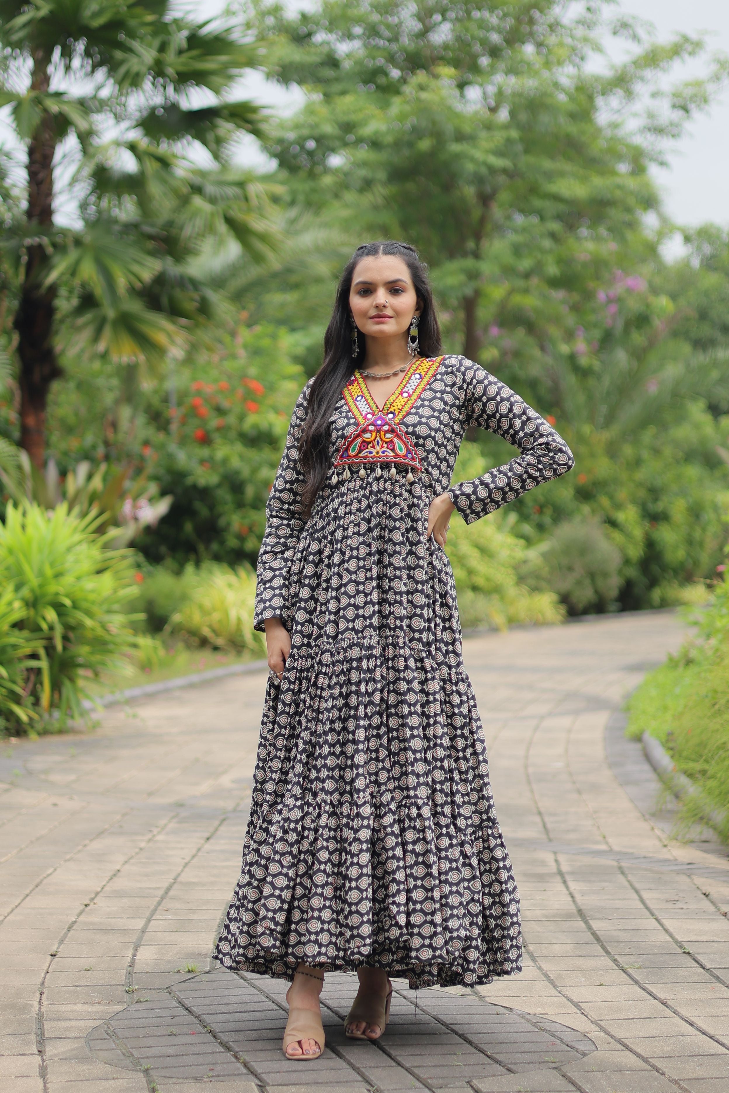 Aastha Black Cotton with Gown fabric Printed Cotton With Kutchi Gamthi Work and Kodi Lace