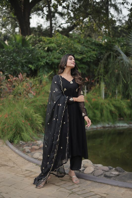 Aastha Black Faux Blooming Russian Silk with Gown Embroidered Work