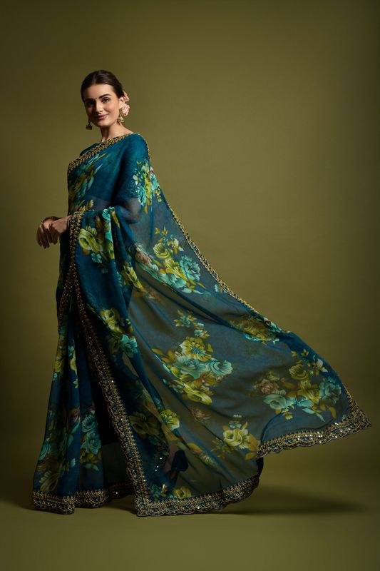 Aastha Teal Heavy soft Chiffon Heavy Mono Banglori beautiful floral Print Work