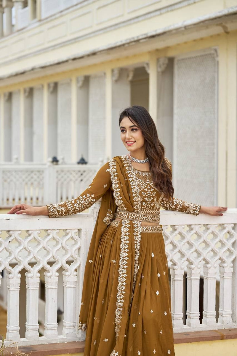 Aastha fashion Mustard Heavy Fox Georgette lehanga blouse Embroidery 7mm Sequence Work with Belt