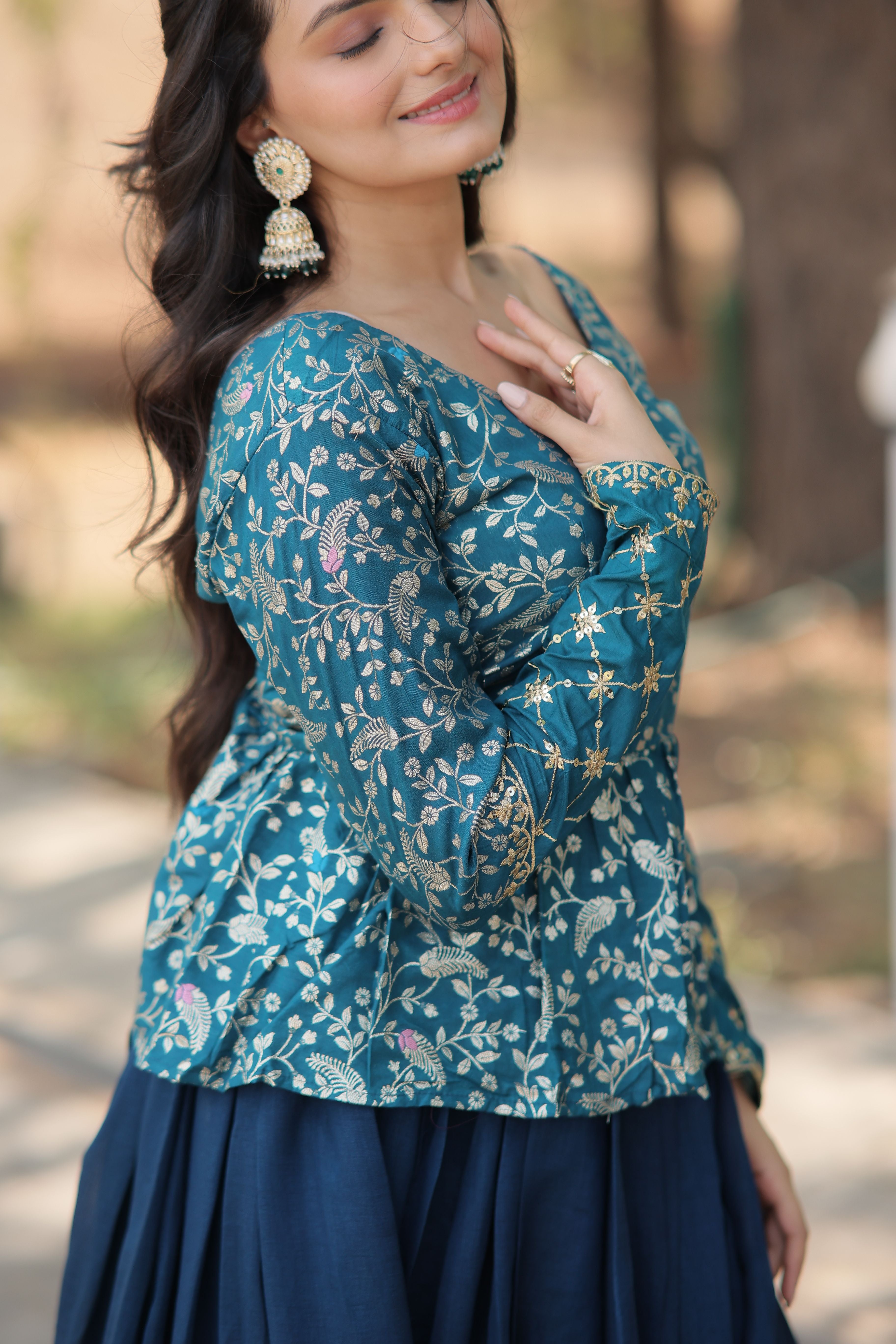 Aastha fashion Rama Shimmer Vichitra Lehenga  Viscose Jacquard  blouse fabric embroidery work