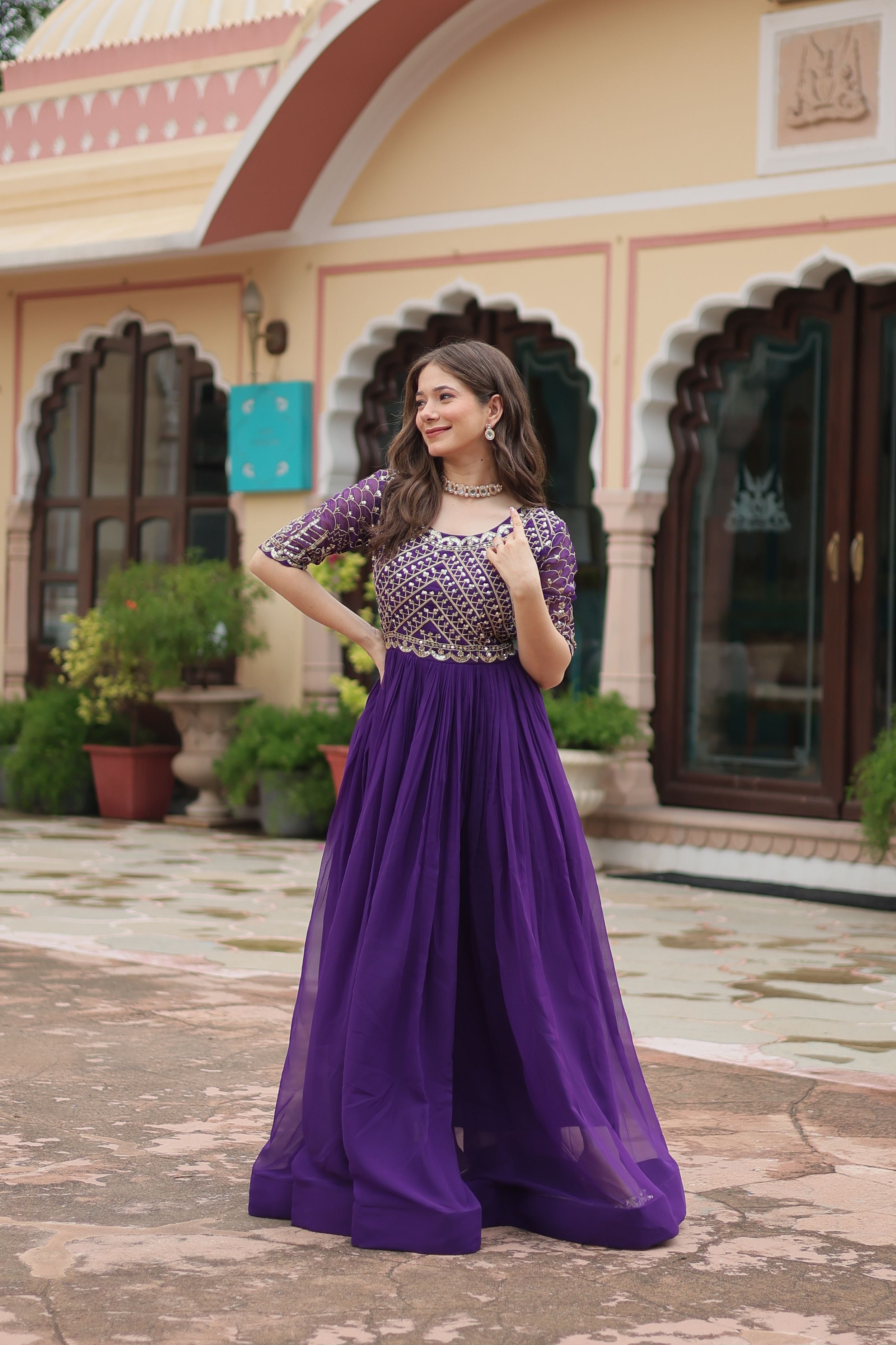 Aastha Purple Faux Blooming with Gown Embroidery Zari Sequins-work