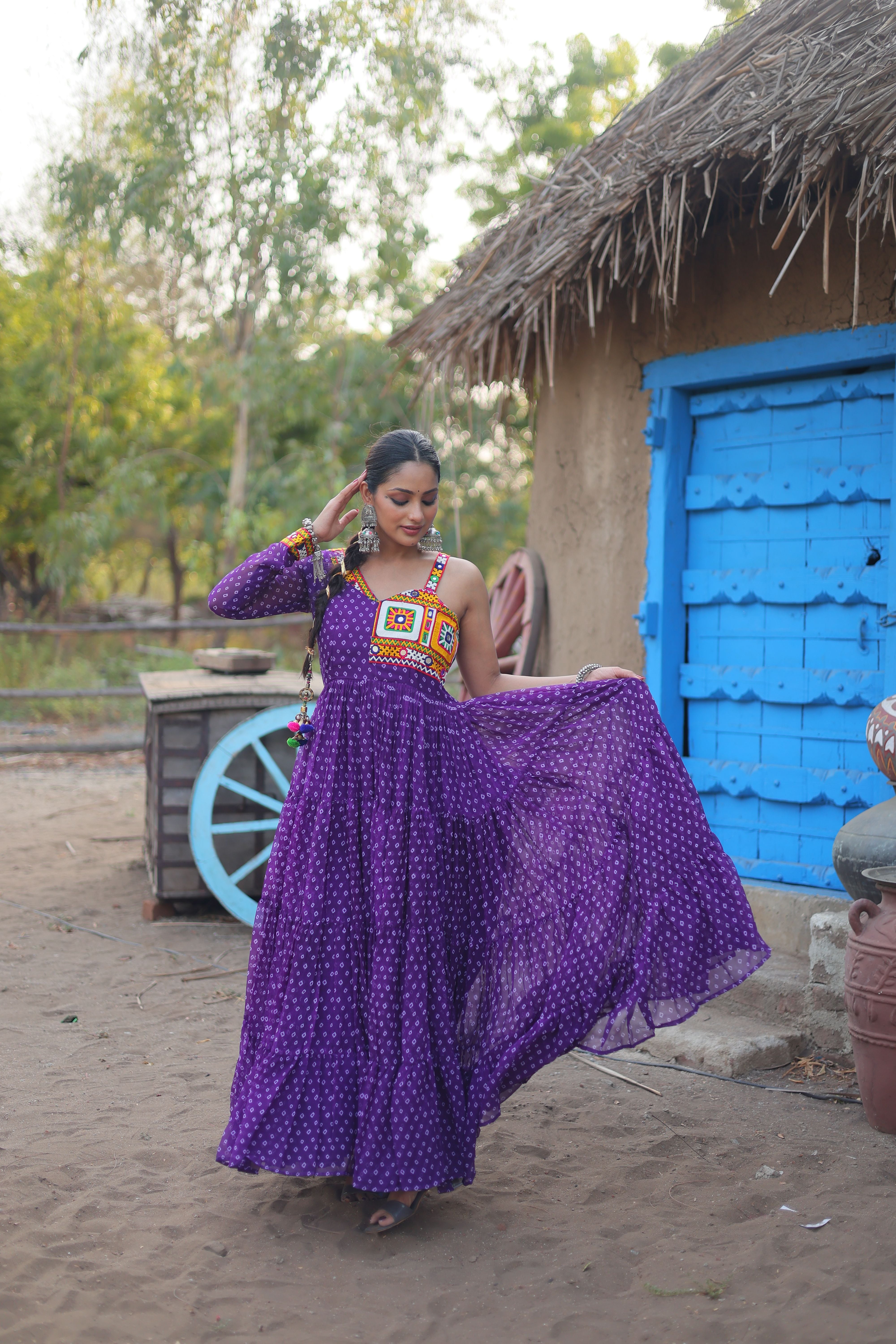 Aastha Purple with Gown fabric Faux Georgette Bandhani Print work with kutchi patchework