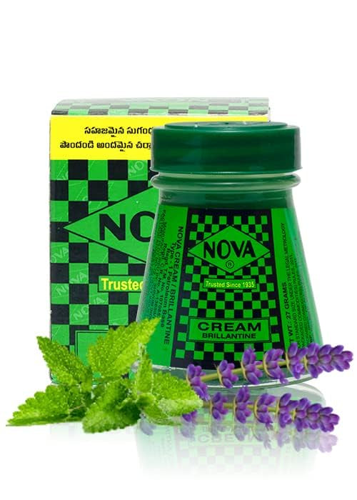 Green jar of Nova cream with packaging and herbs on a white background