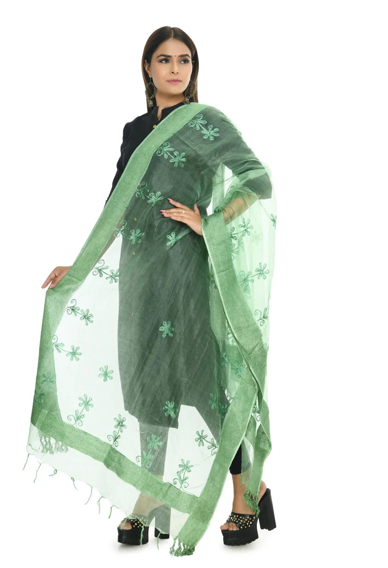 Mominos Fashion Moeza Orgenza Pista Green Chikan Work Dupatta