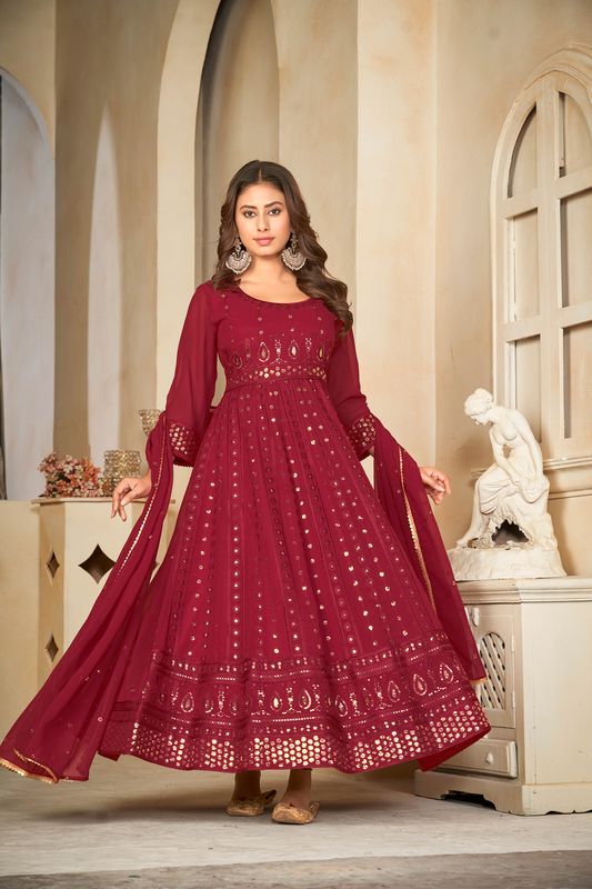 Aastha Maroon Dupatta with Net top fabric Crepe Bottom fabric