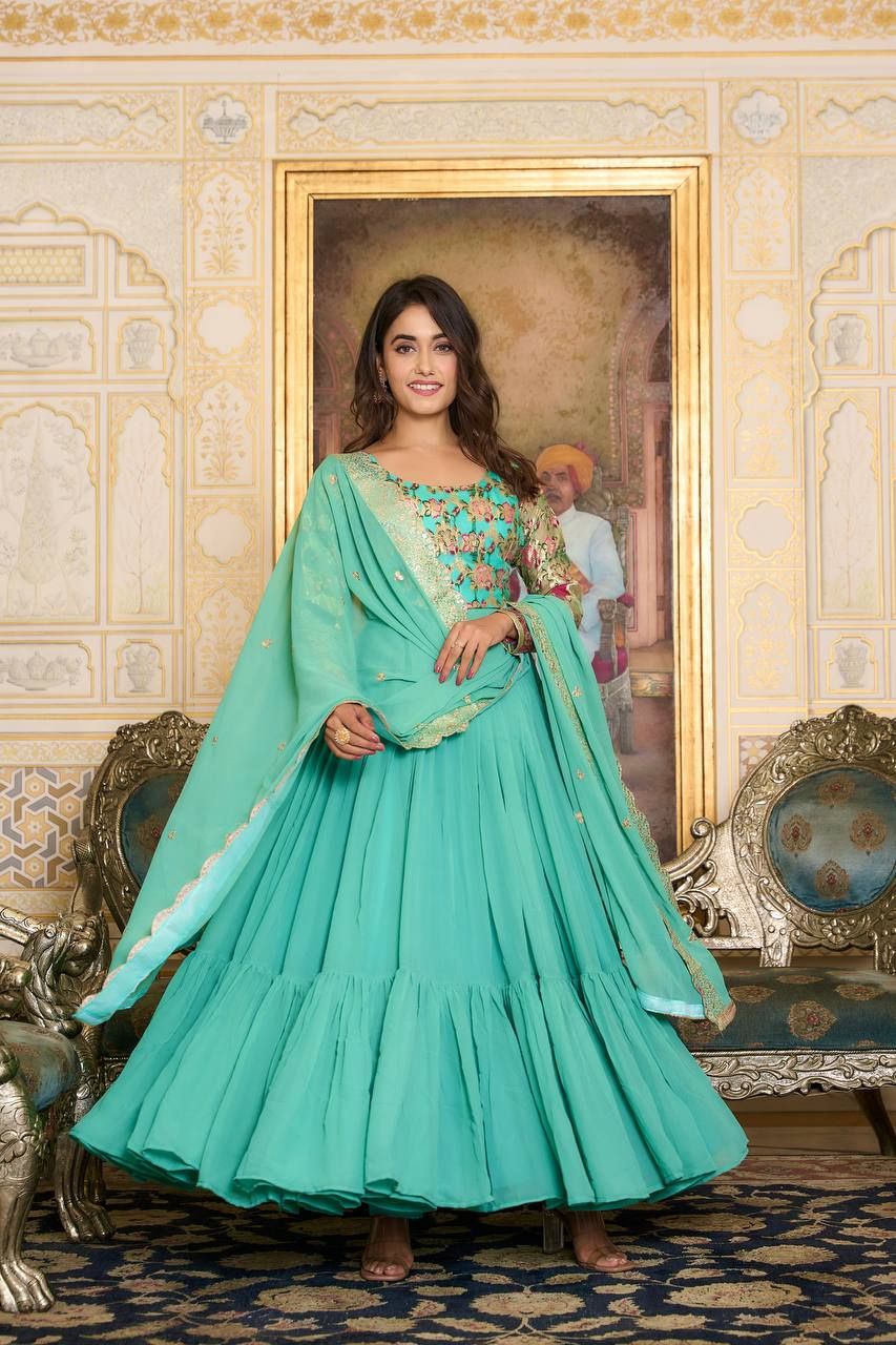 Aastha Sea Green Fox Georgette with Micro Cotton pure zecard work