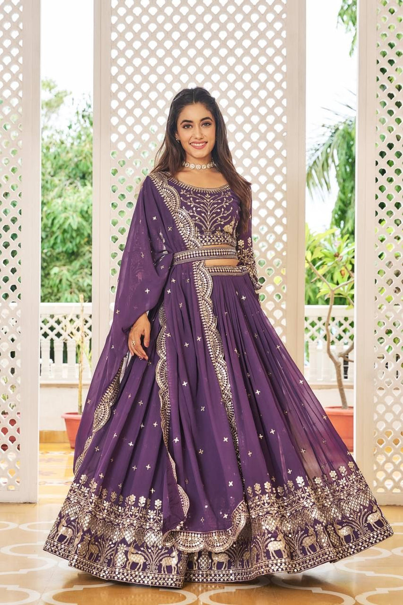 Aastha fashion Magenta Heavy Fox Georgette lehanga blouse fabric Embroidery 7mm Sequence Work with Belt