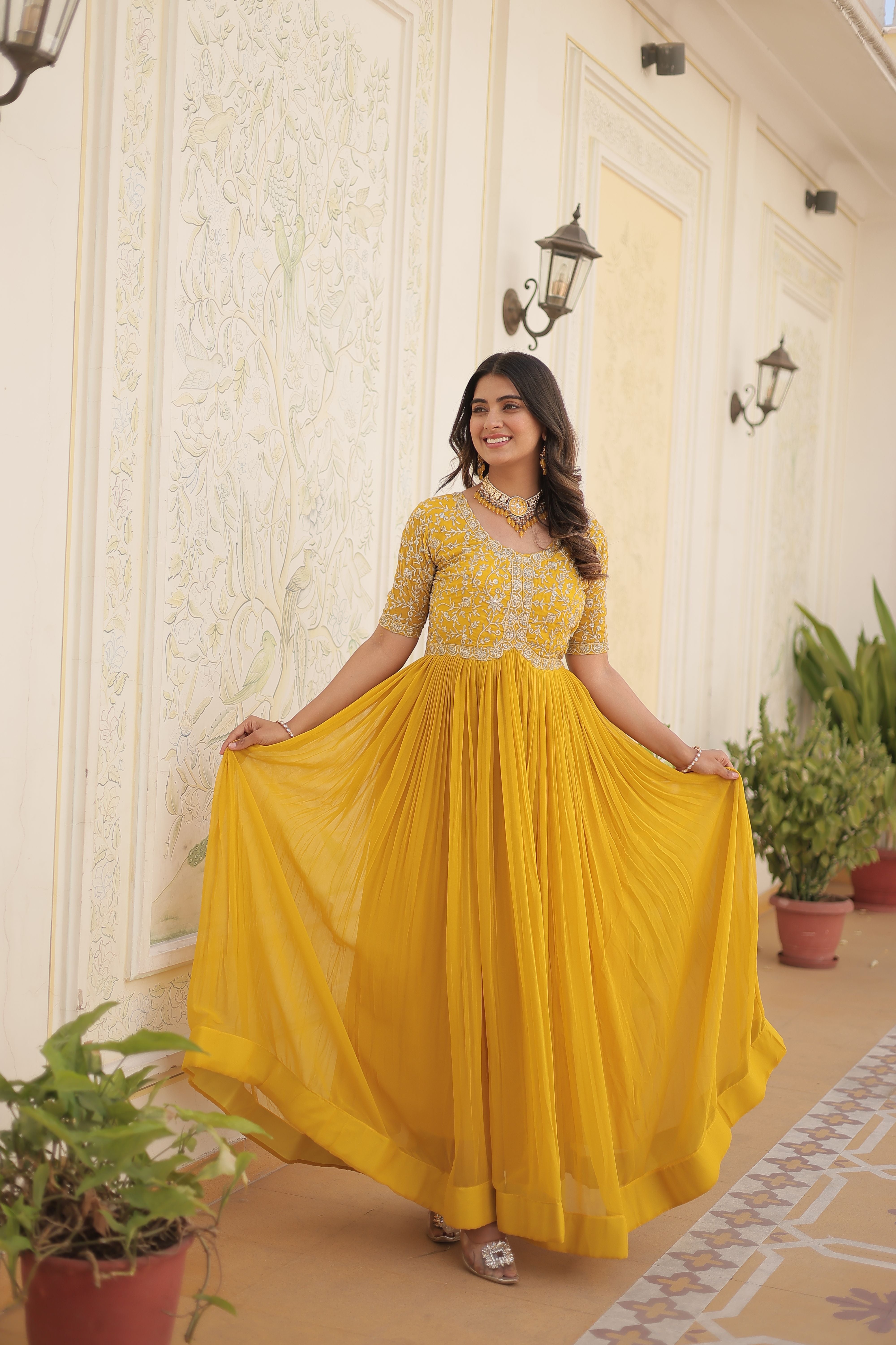 Aastha Yellow Faux Blooming with Gown fabric Embroidery Zari Sequins-work