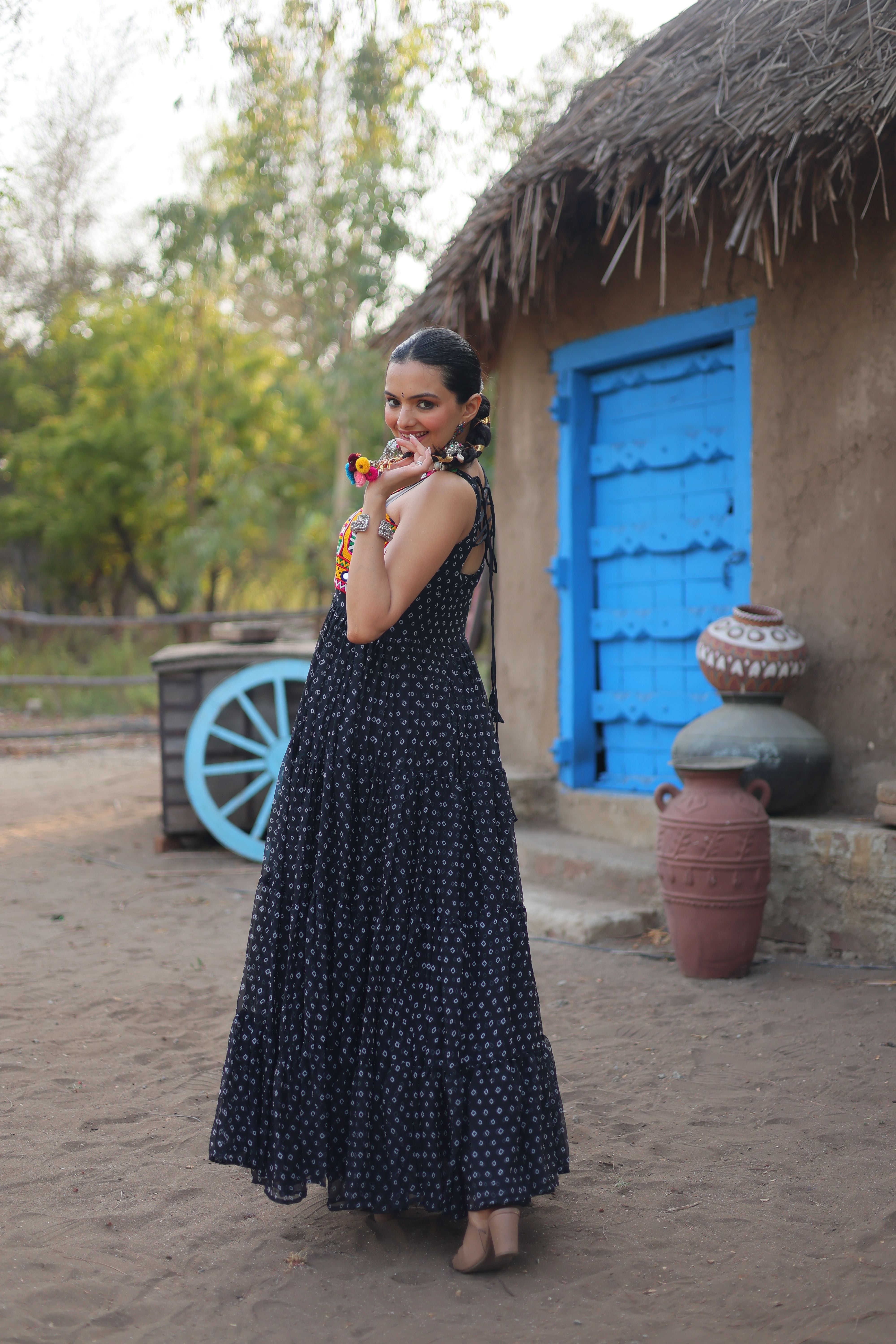 Aastha Black with Gown fabric Faux Georgette Bandhani Print work with kutchi patchework