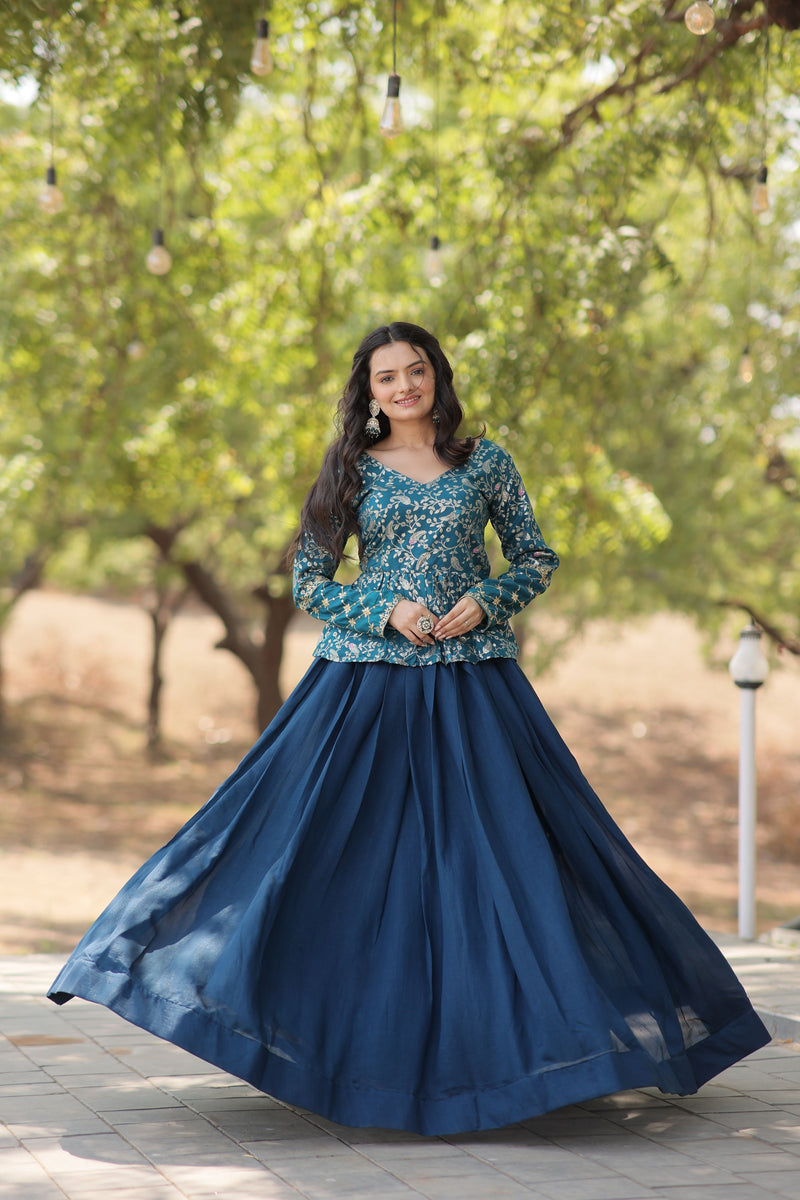 Aastha fashion Rama Shimmer Vichitra Lehenga  Viscose Jacquard  blouse fabric embroidery work