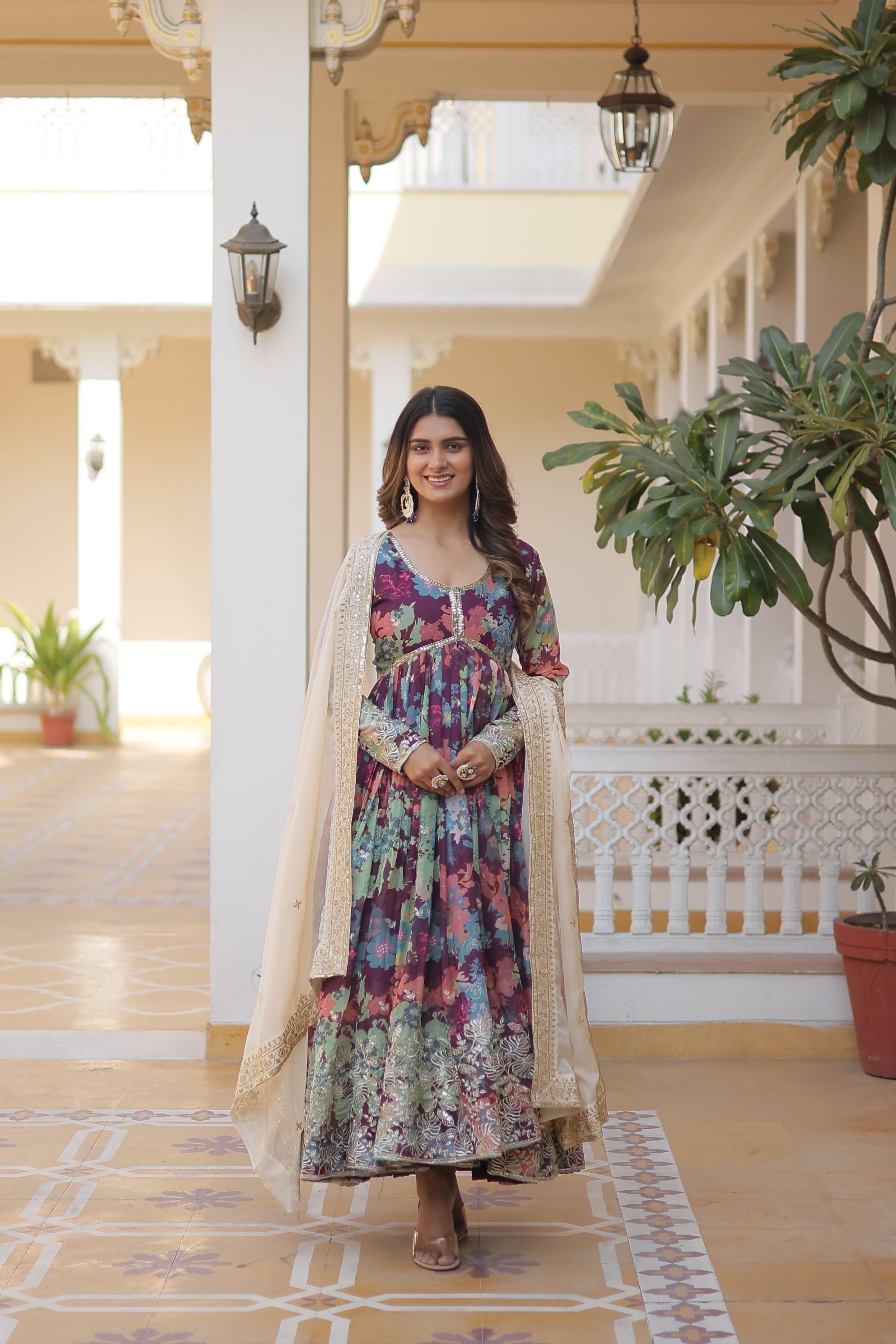 Aastha Off White Russian silk with Gown Embroidery Sequins Embroidered work
