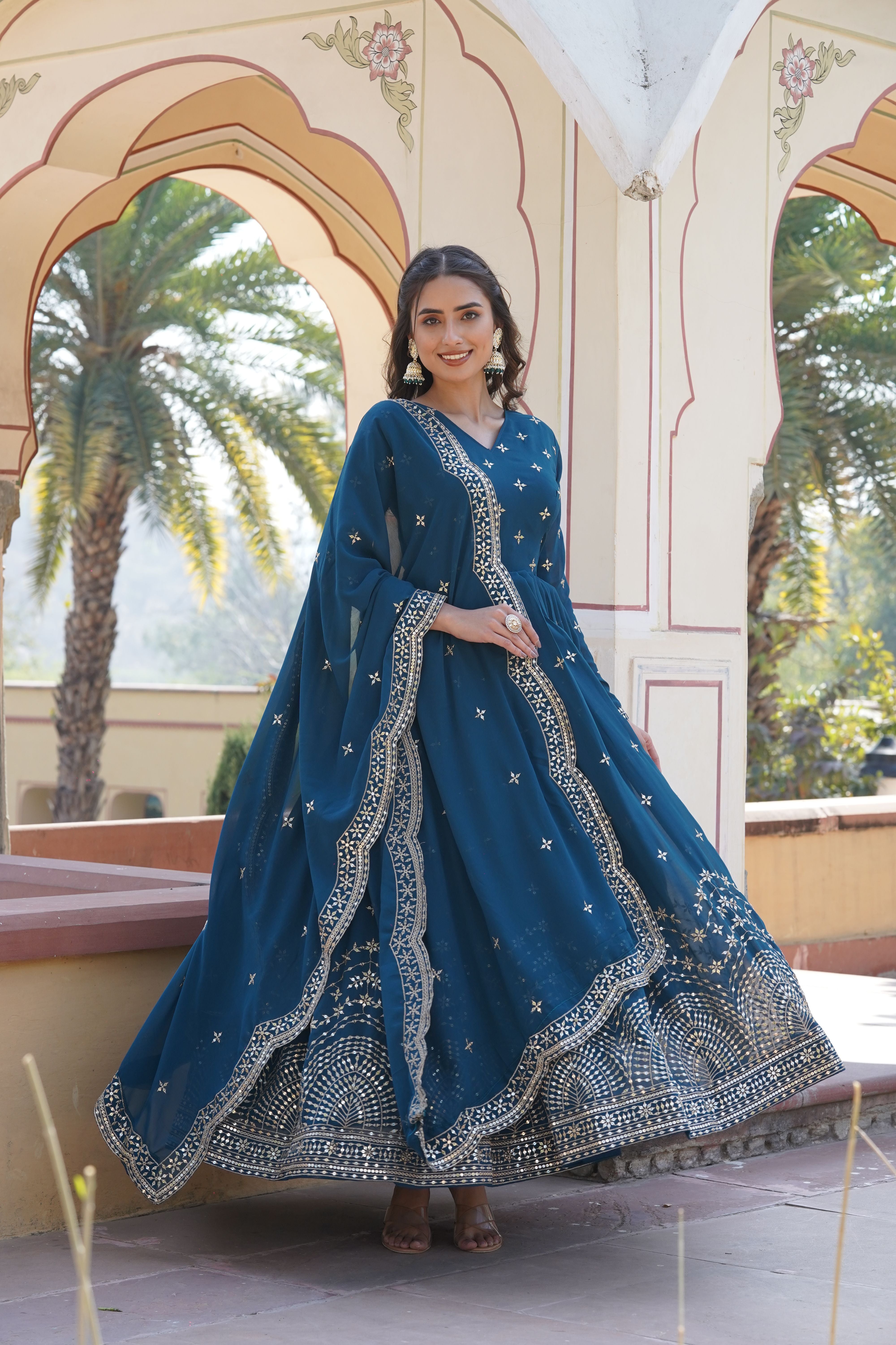 Aastha Teal Faux Georgette with Gown fabric Printed