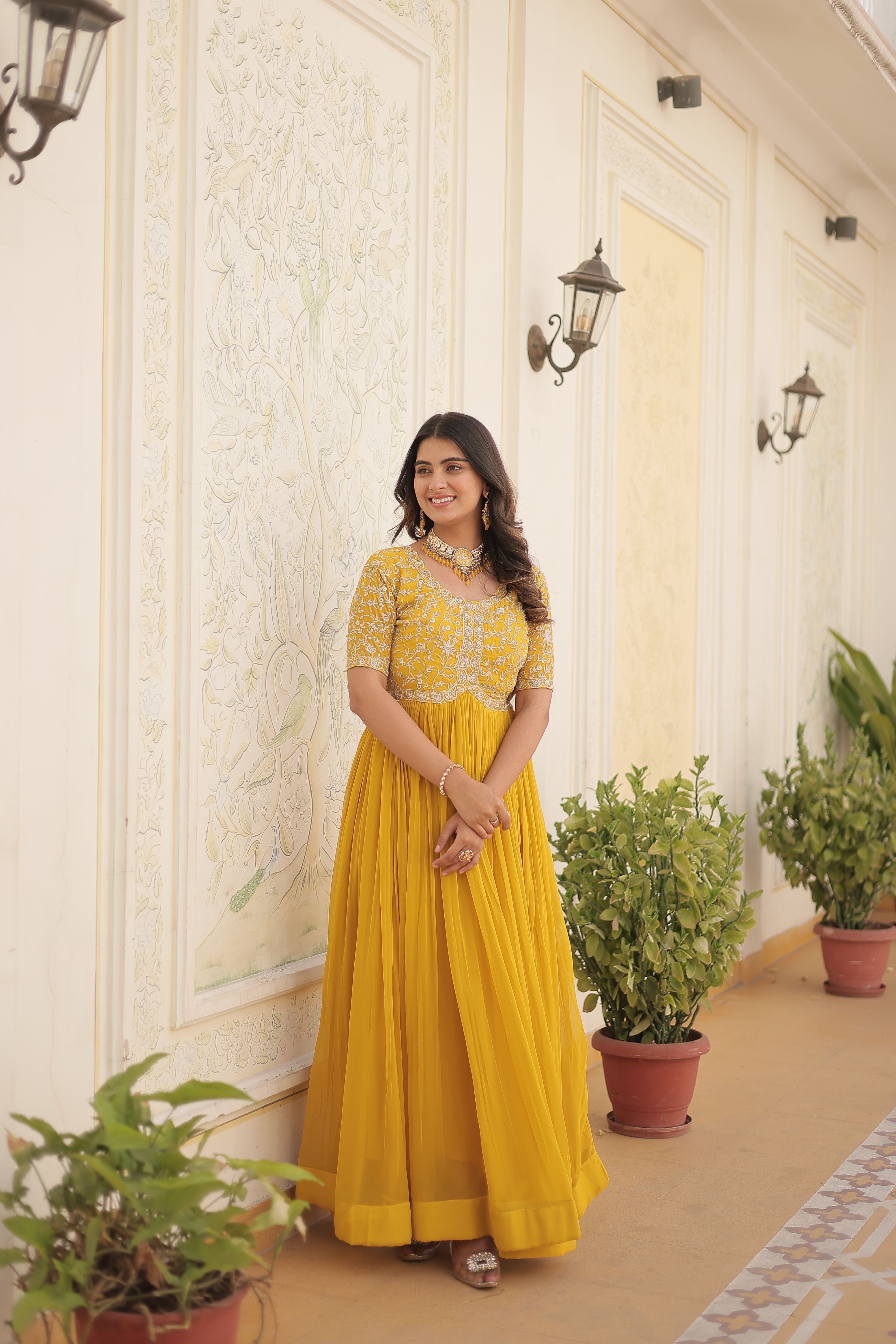 Aastha Yellow Faux Blooming with Gown fabric Embroidery Zari Sequins-work