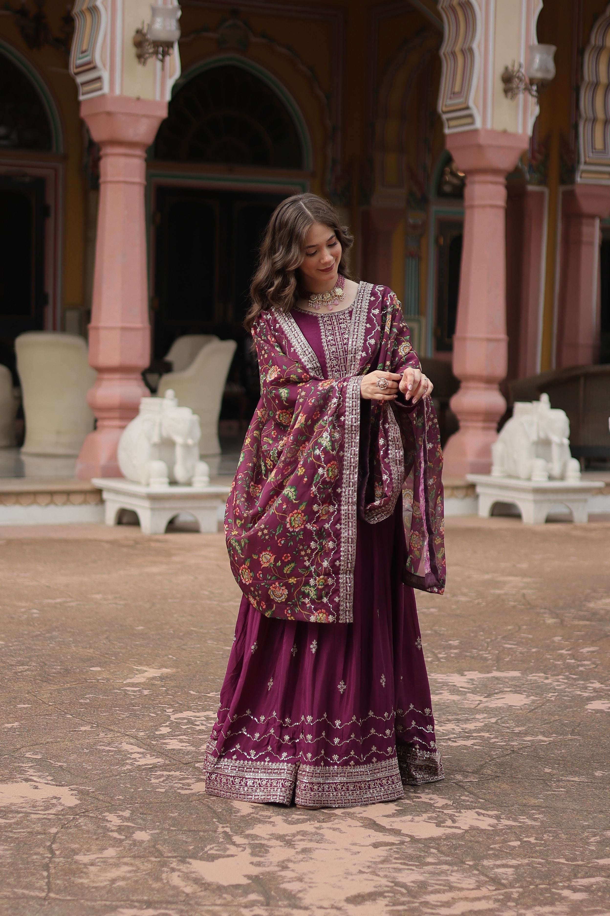 Aastha Wine Chinon with Gown Sequins Embroidered work