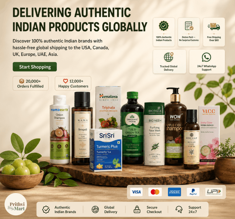 Display of various Indian health and wellness products with branding and payment options on a wooden surface.