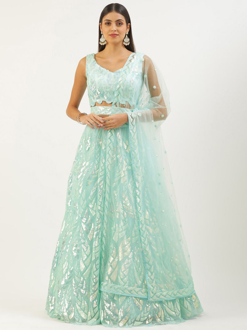 Aastha fashion Blue Soft net lehanga blouse fabric Multiple Sequins, Thread Embroidery Work