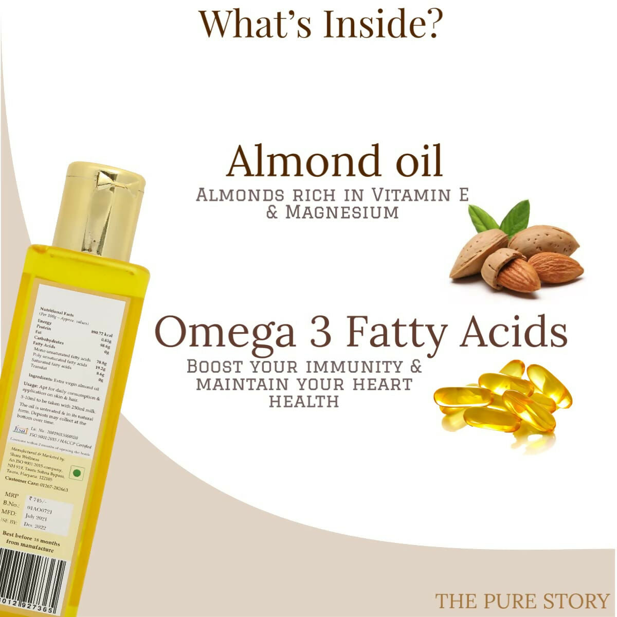 The Pure Story Sweet Almond Oil Pure Cold Pressed For Hair, Skin, Face Care & Massage