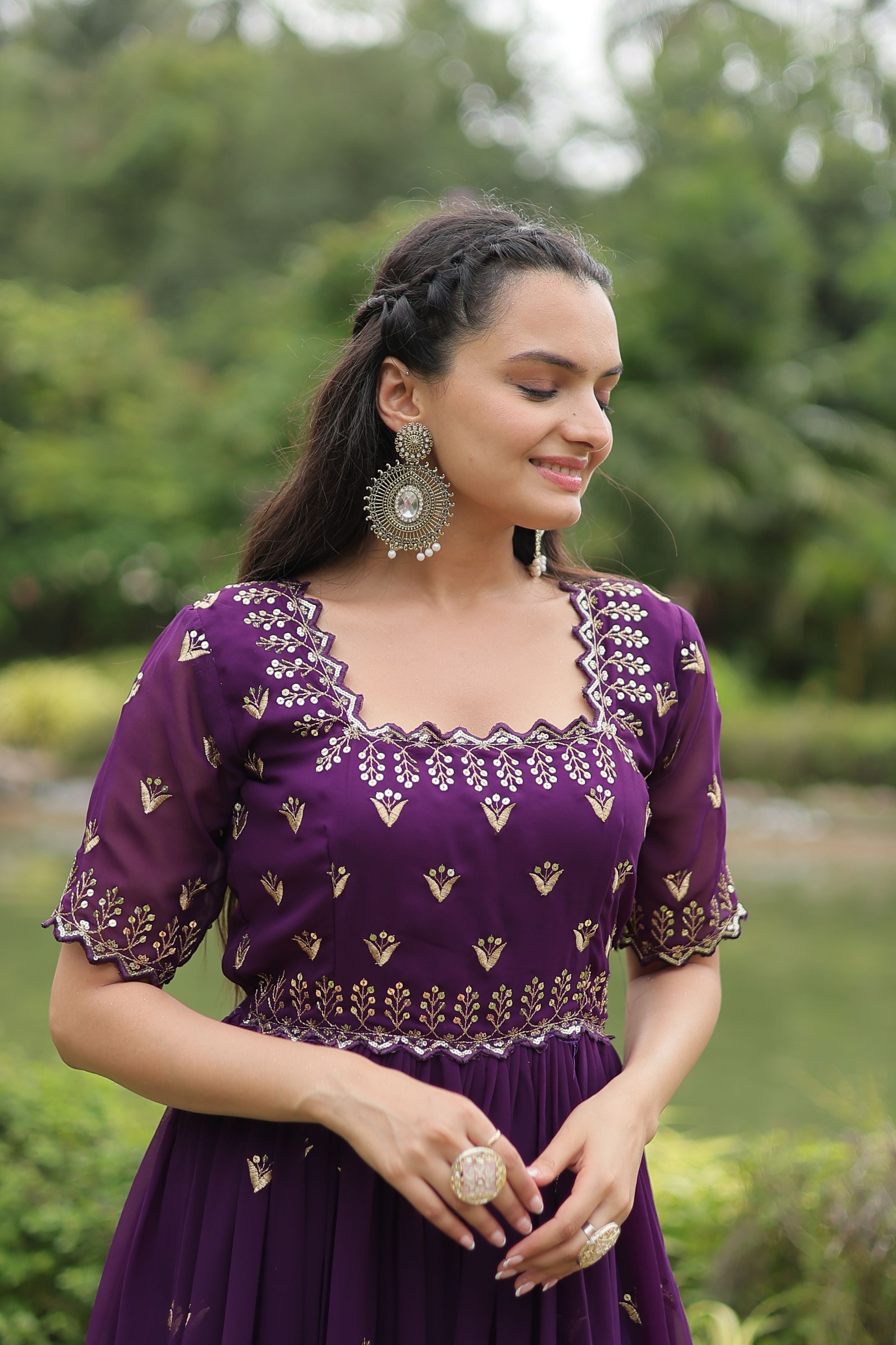 Aastha Purple Faux Blooming with Gown Embroidery Zari Sequins-work