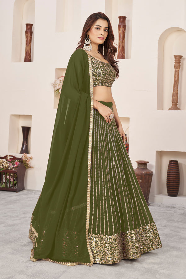 Aastha fashion olive georgrtte lehanga blouse fabric Sequins Zari Embroidered Work