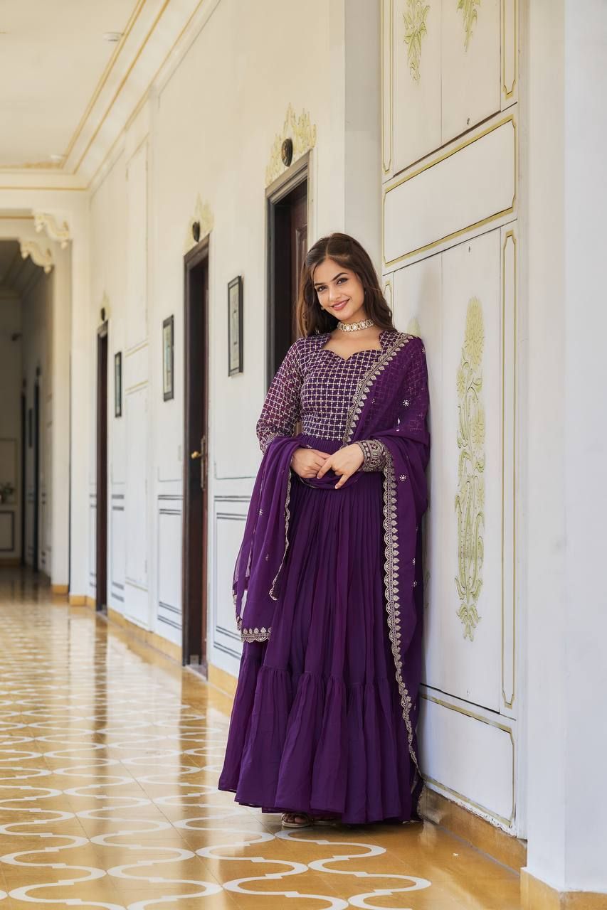 Aastha Purple Fox Georgette with Micro Cotton Heavy 3mm sequence Embroidery Work