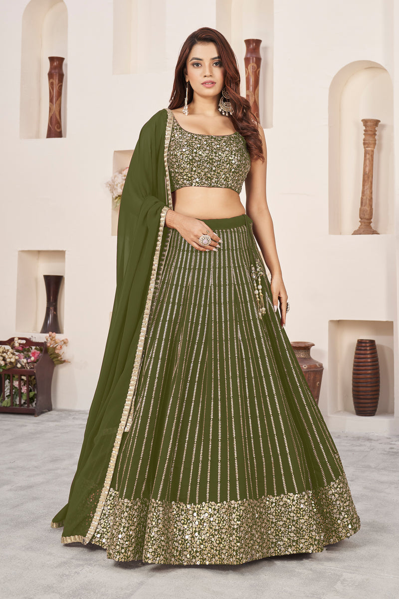 Aastha fashion olive georgrtte lehanga blouse fabric Sequins Zari Embroidered Work