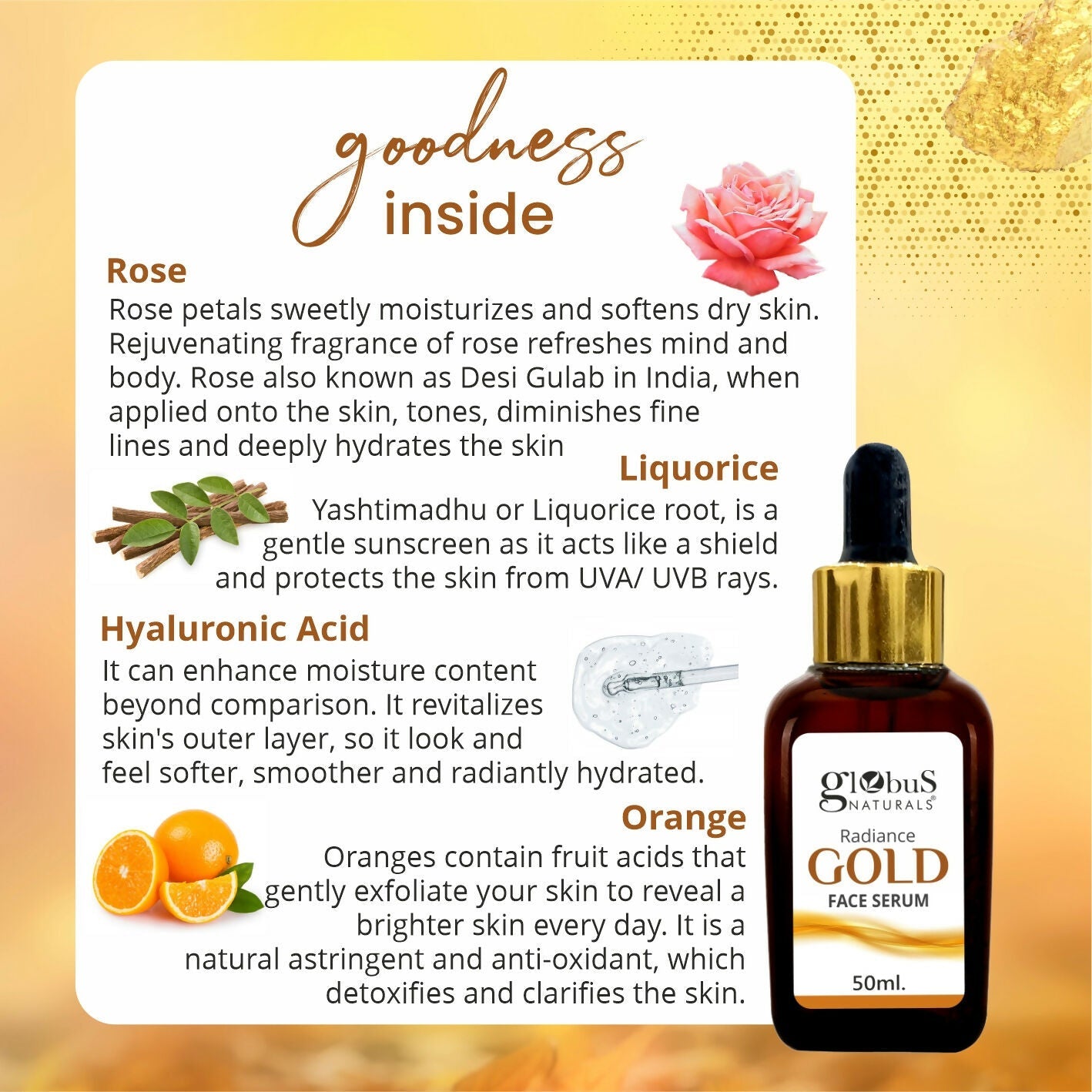Globus Naturals Gold Radiance Anti Ageing & Brightening Face Serum, Suitable For All Skin Types