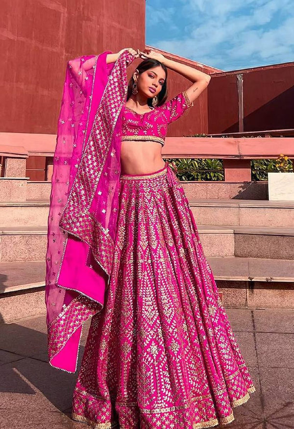 Aastha fashion Rani Pink Malai Satin Silk lehanga blouse Embroidered work - Prithvi Mart