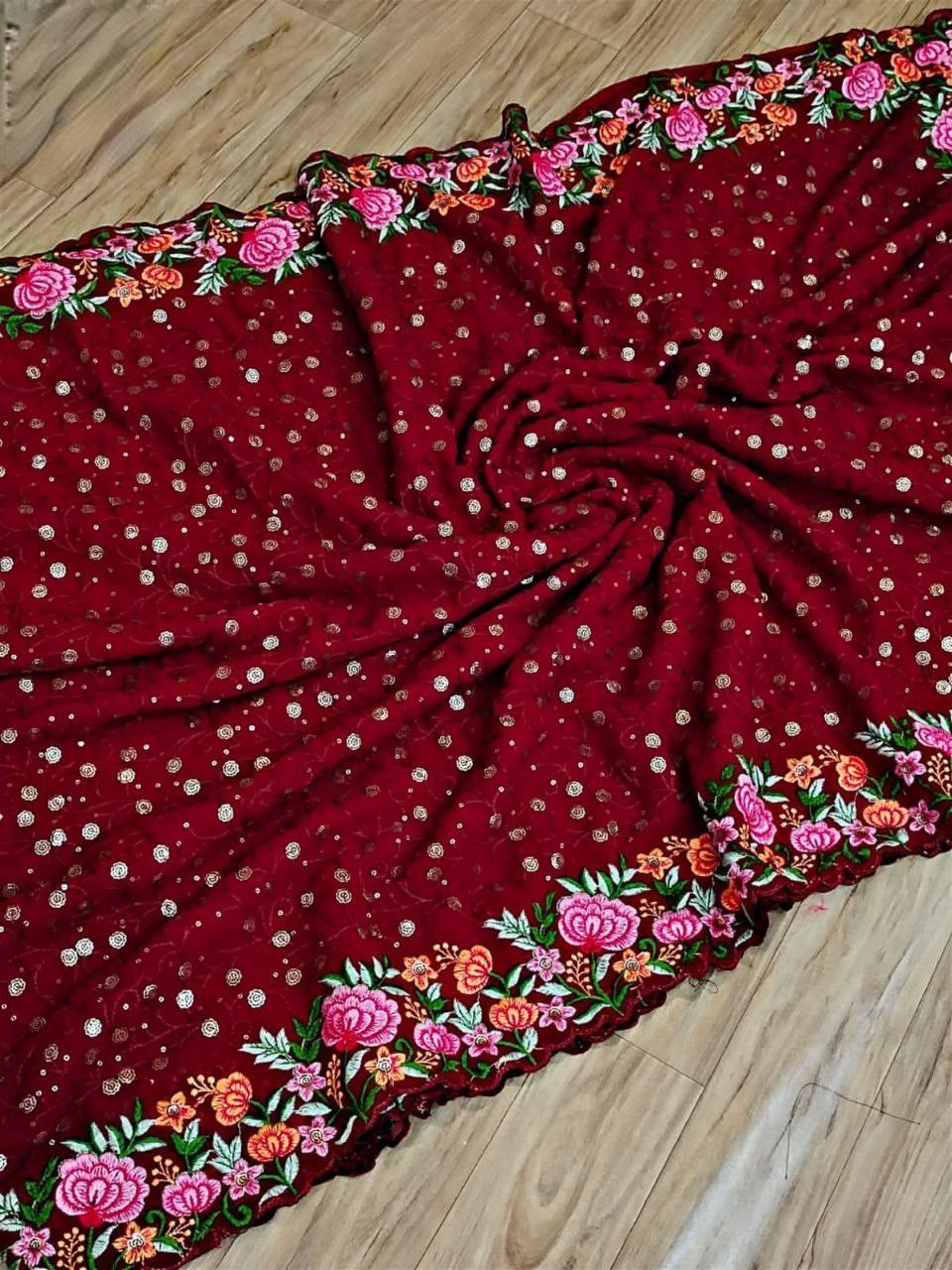 Aastha Red Soft Georgette Fabric with Banglori Blouse fabric Beautiful Sequance and multicoloured Embroidery work