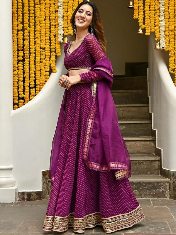 Aastha fashion purple Georgette lehanga blouse fabric Zari and Cording Lace work with Leheriya Print