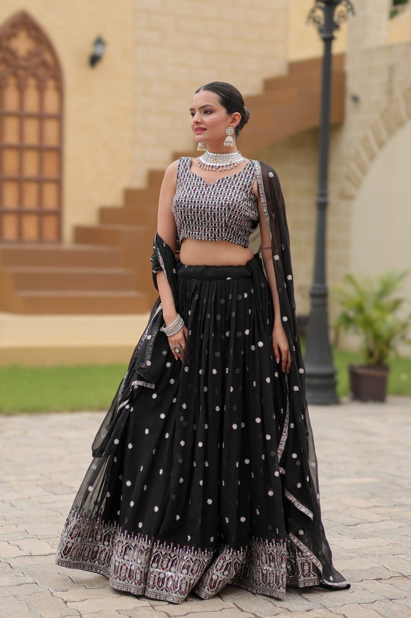 Aastha fashion black faux georgette lehanga blouse fabric embroidery work