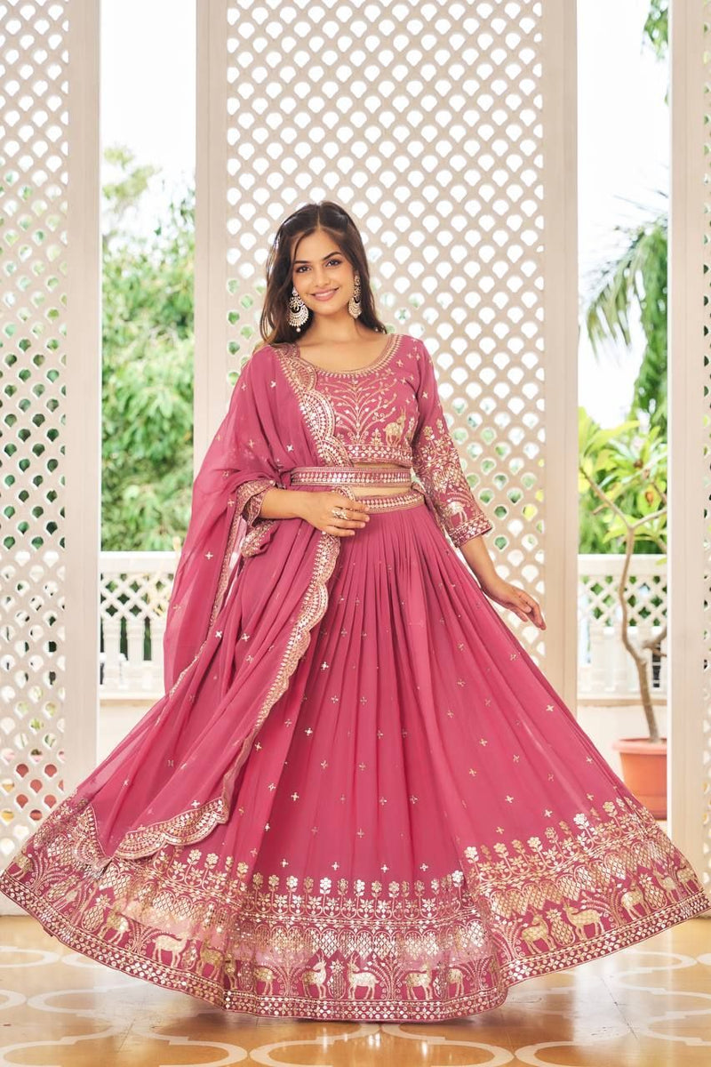 Aastha fashion pink Heavy Fox Georgette lehanga blouse fabric Embroidery 7mm Sequence Work with Belt