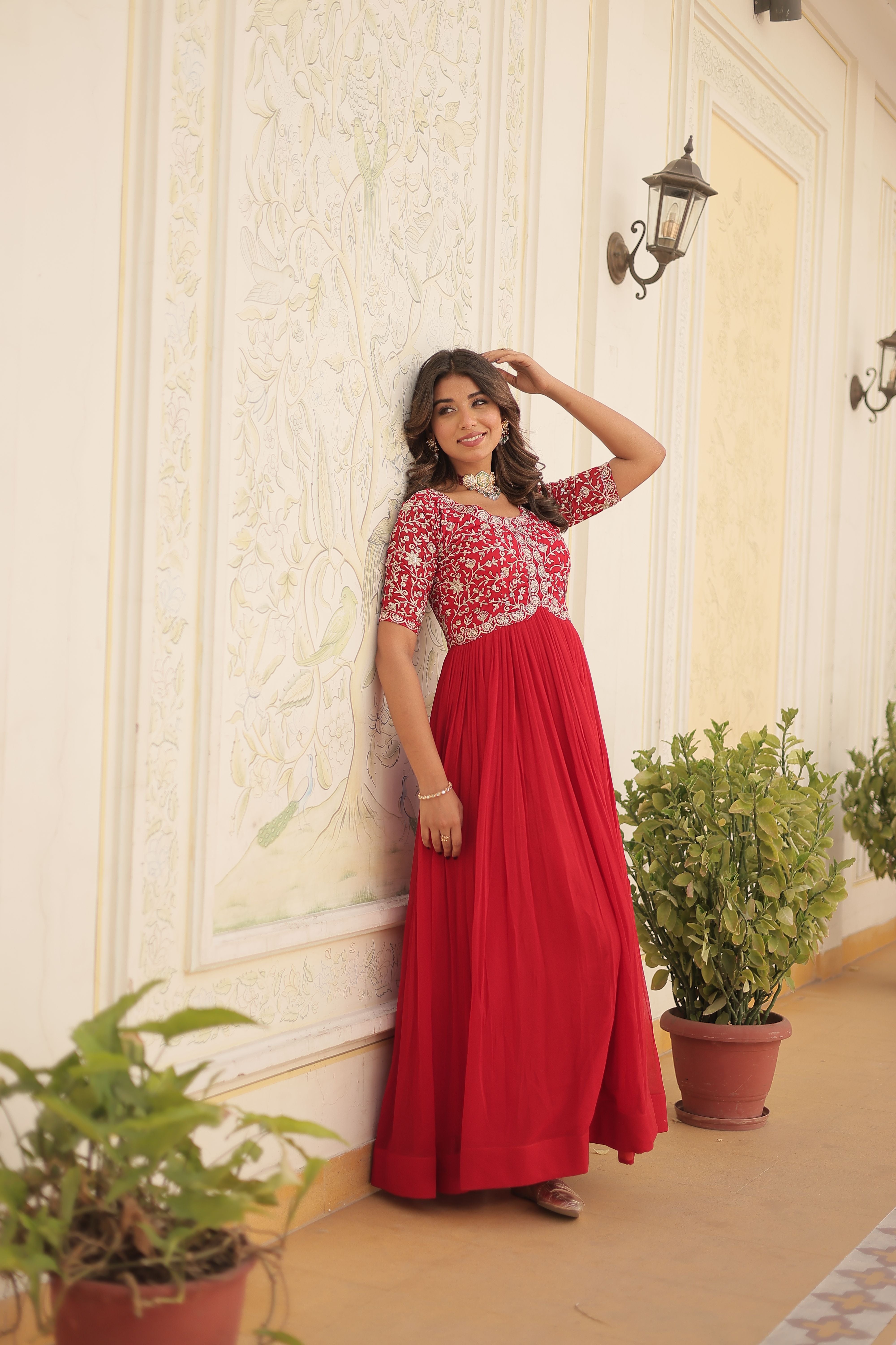 Aastha red Faux Blooming with Gown fabric Embroidery Zari Sequins-work