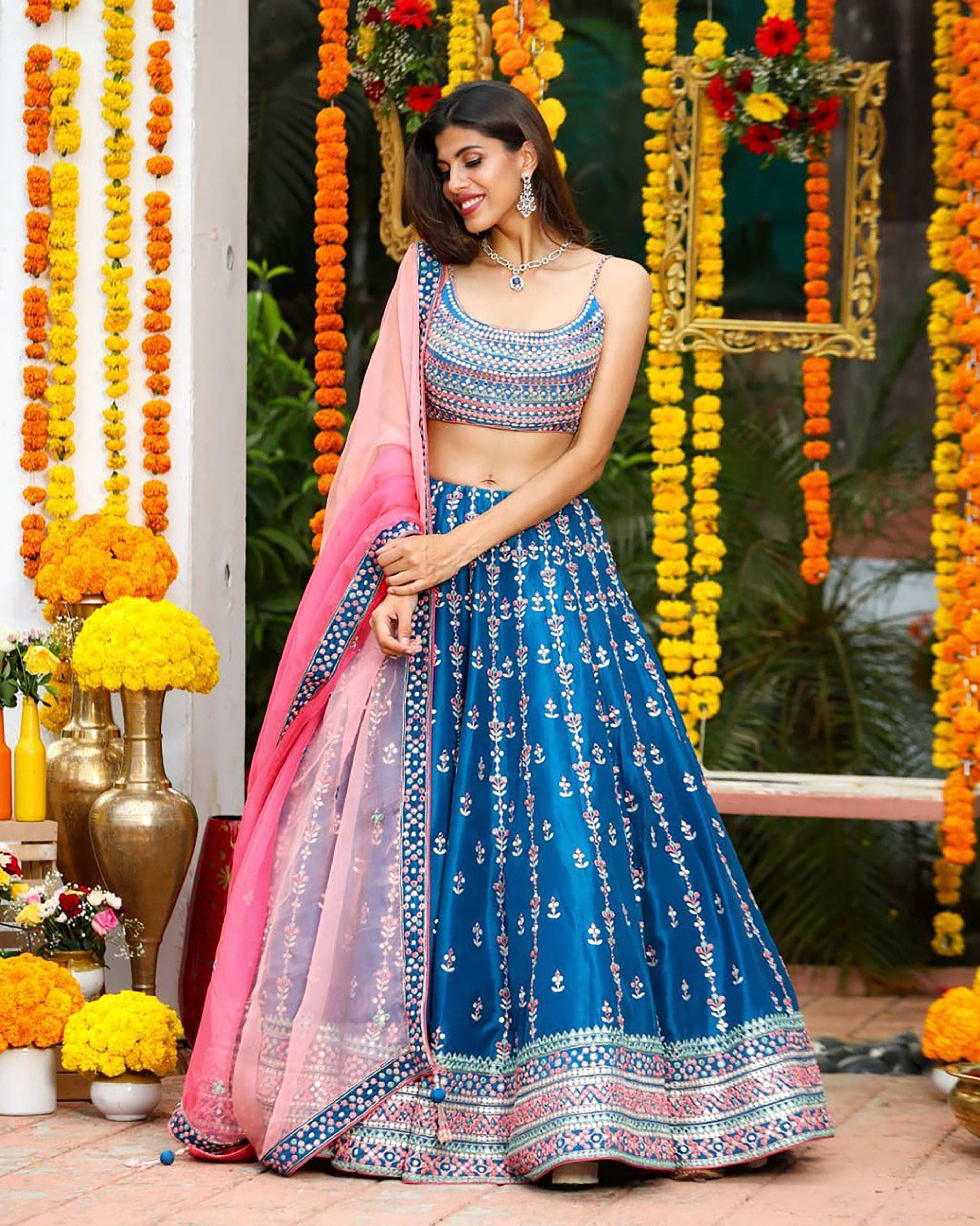 Aastha fashion off blue Lehenga Choli with chinon blouse fabric