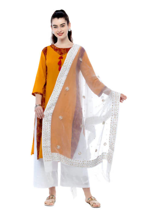 Mominos Fashion White Orgenza Nug Embroidery Dupatta