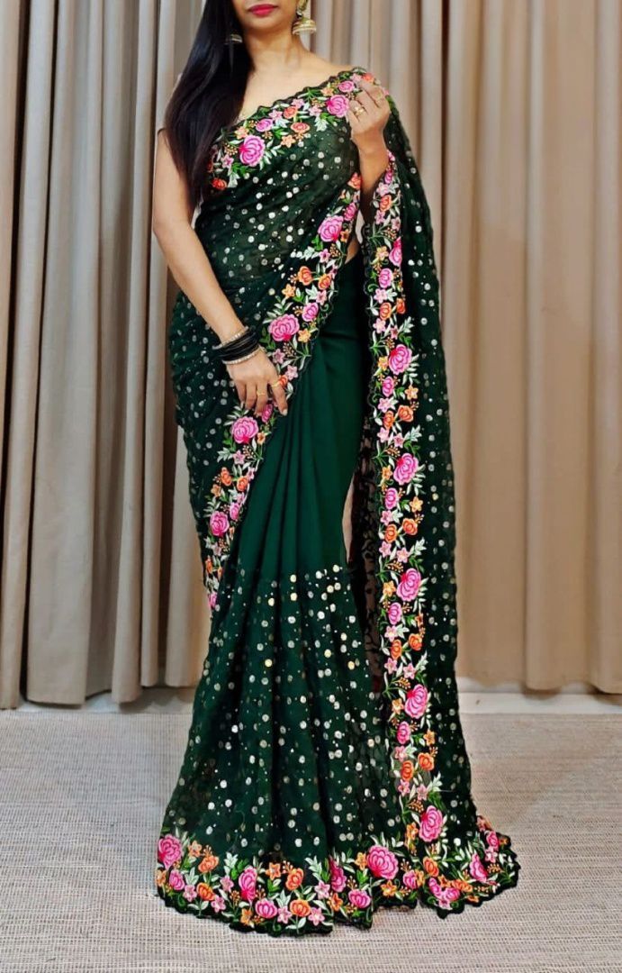 Aastha Green Soft Georgette Fabric with Banglori Blouse fabric Beautiful Sequance and multicoloured Embroidery work