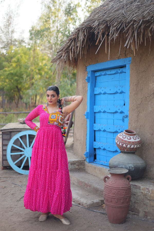 Aastha Pink with Gown fabric Faux Georgette Bandhani Print work with kutchi patchework