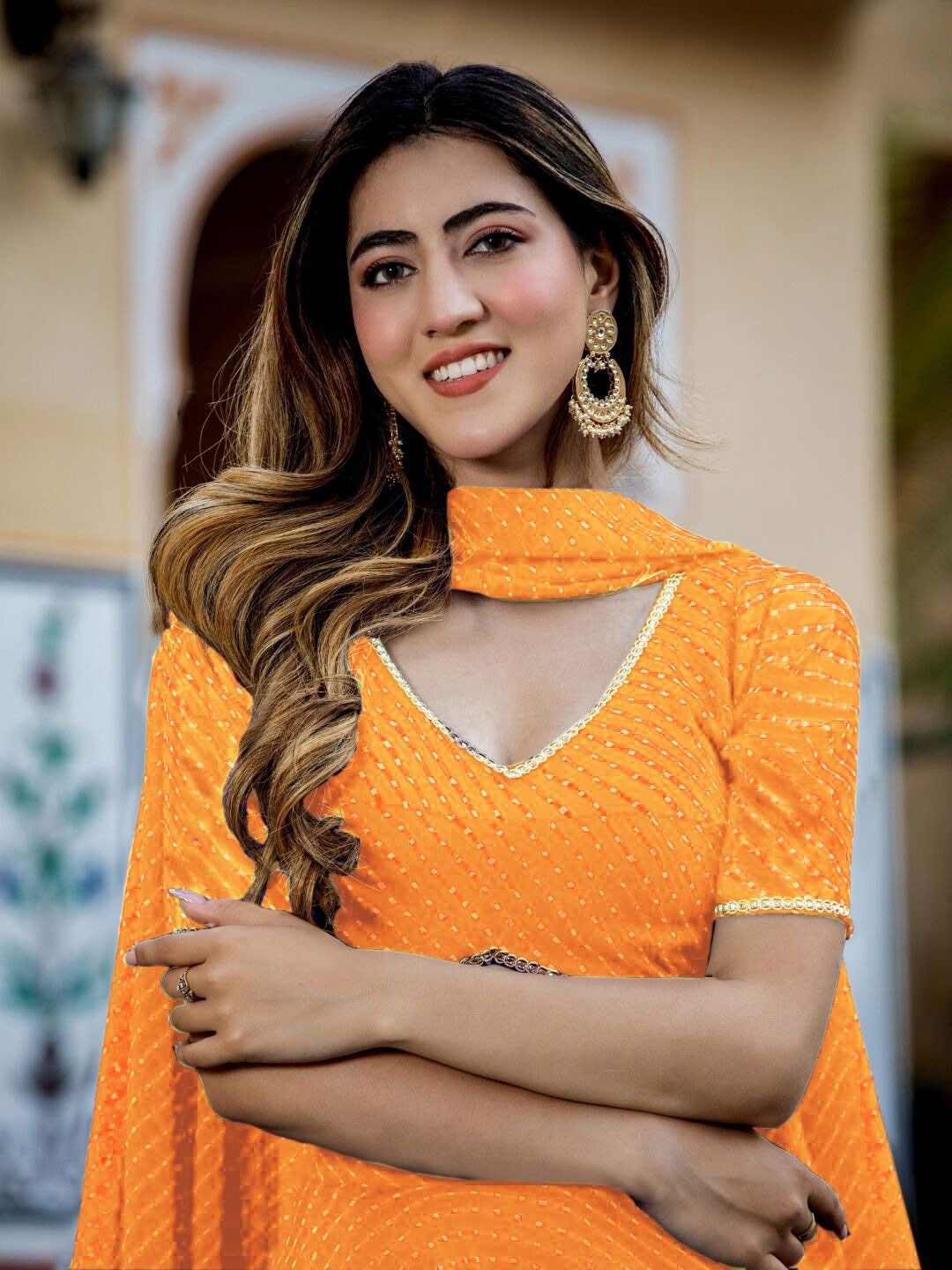 Aastha fashion yellow Georgette lehanga blouse fabric Zari and Cording Lace work with Leheriya Print