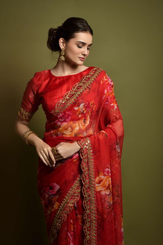 Aastha Red Heavy soft Chiffon Heavy Mono Banglori beautiful floral Print Work