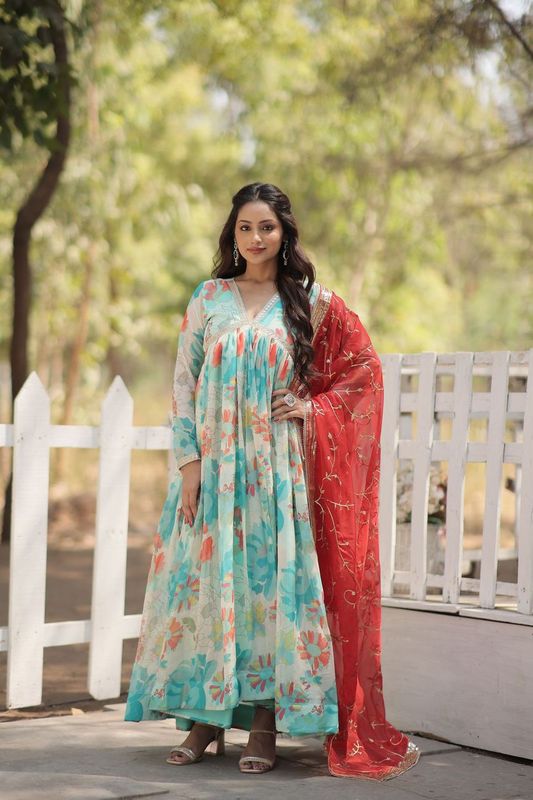 Aastha Sky with Gown Russian silk Digital Printed