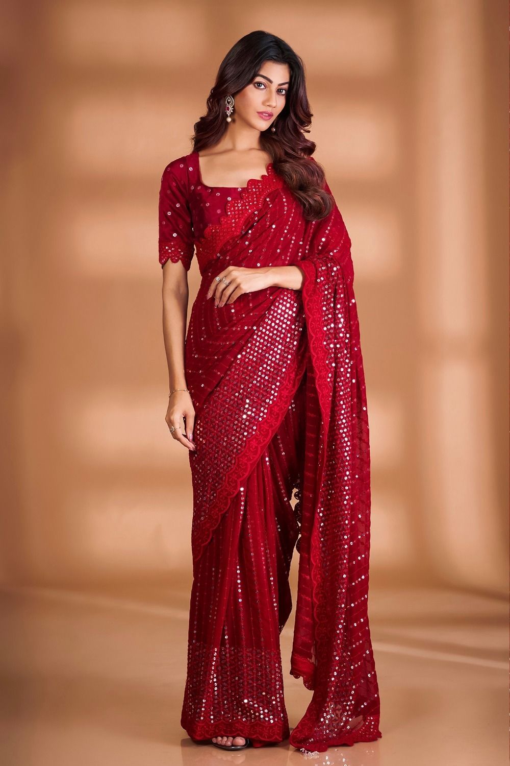 Aastha Red Heavy Georgette Fabric Sequins embroidery work in Satin Banglori Blouse fabric
