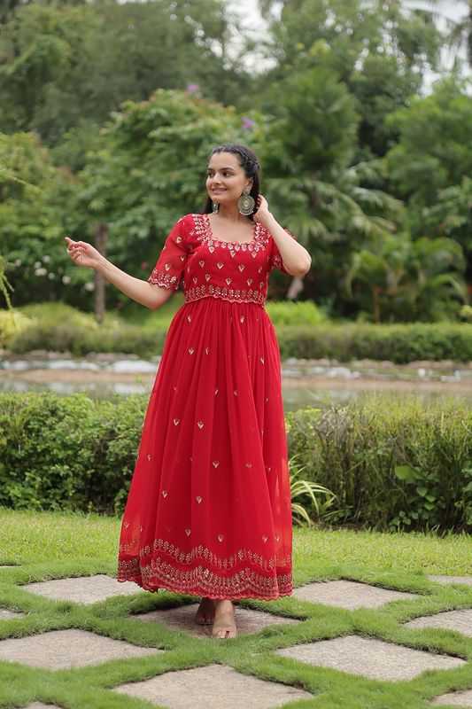 Aastha Red Faux Blooming with Gown Embroidery Zari Sequins-work