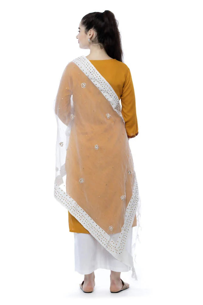 Mominos Fashion White Orgenza Nug Embroidery Dupatta